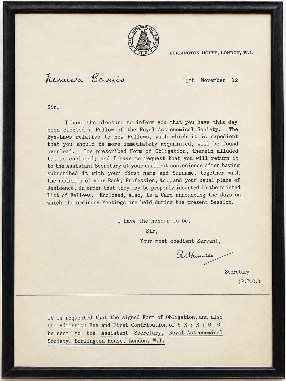 Vtg 1954 Royal Astronomical Society Letter Frederick Benario FRAS Acceptance